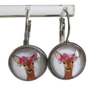 New Deer w/ Flower Crown Earrings on Stainless Lever Back Hooks - Gift Boxed